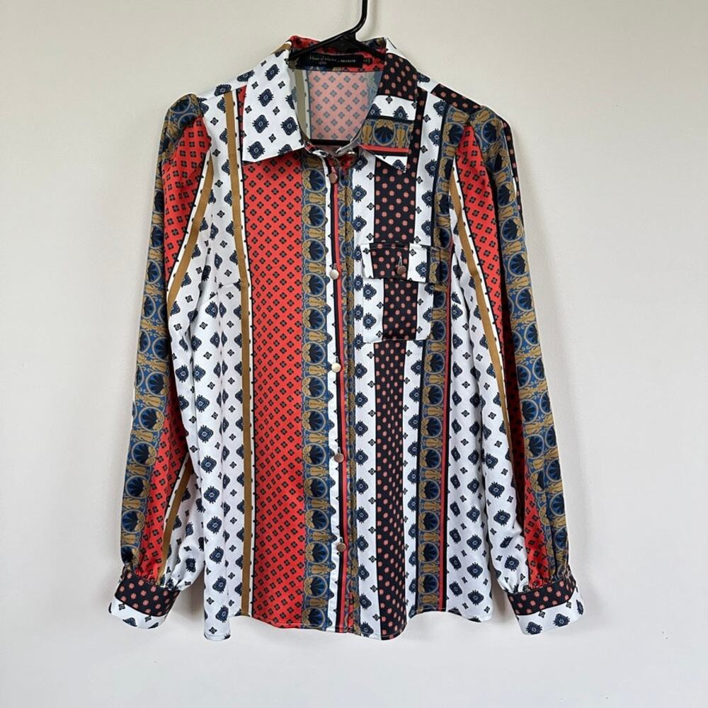 House of Harlow 1960 x Revolve Glenn Blouse in Ivory Pajama Print Long Sleeve XS